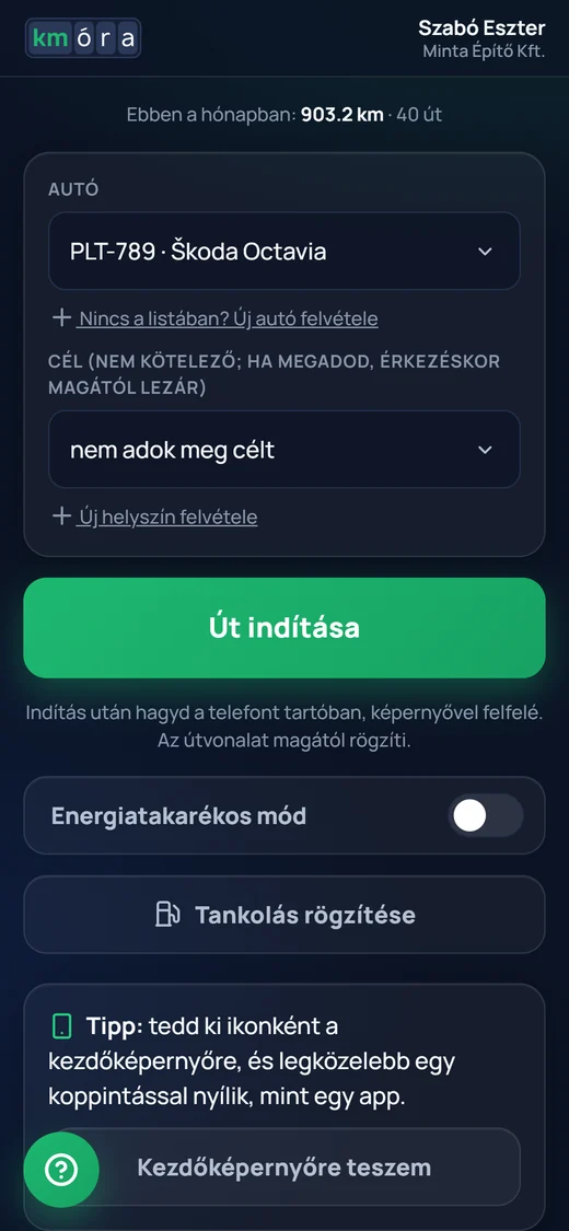 Sofőr app: autó kiválasztása és Út indítása gomb