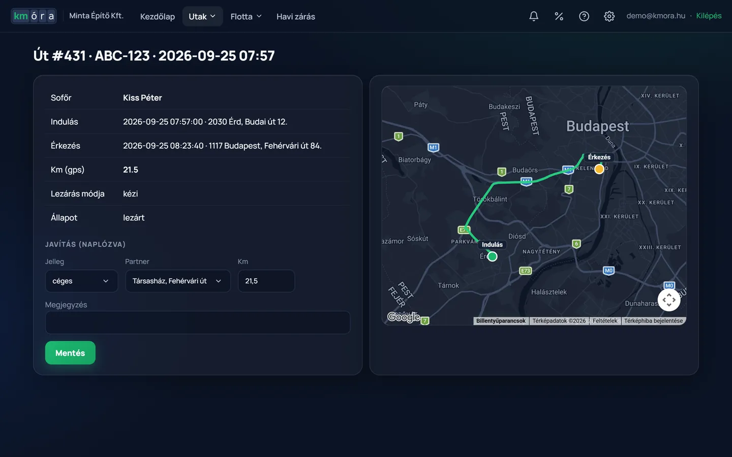 Egy út részletei: Érd és Budapest közötti útvonal a térképen, 21,5 km
